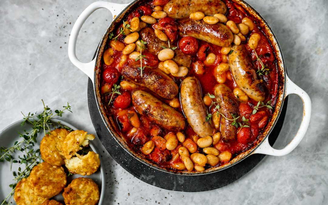 Sausages with Spiced Butterbean and Tomato Ratatouille